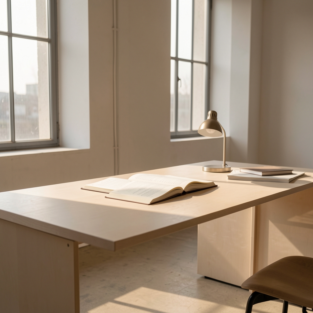 Minimalist editorial studio workspace with a pale wooden desk, open notebook, a small plant, and a glass of water, early afternoon natural light through a high window