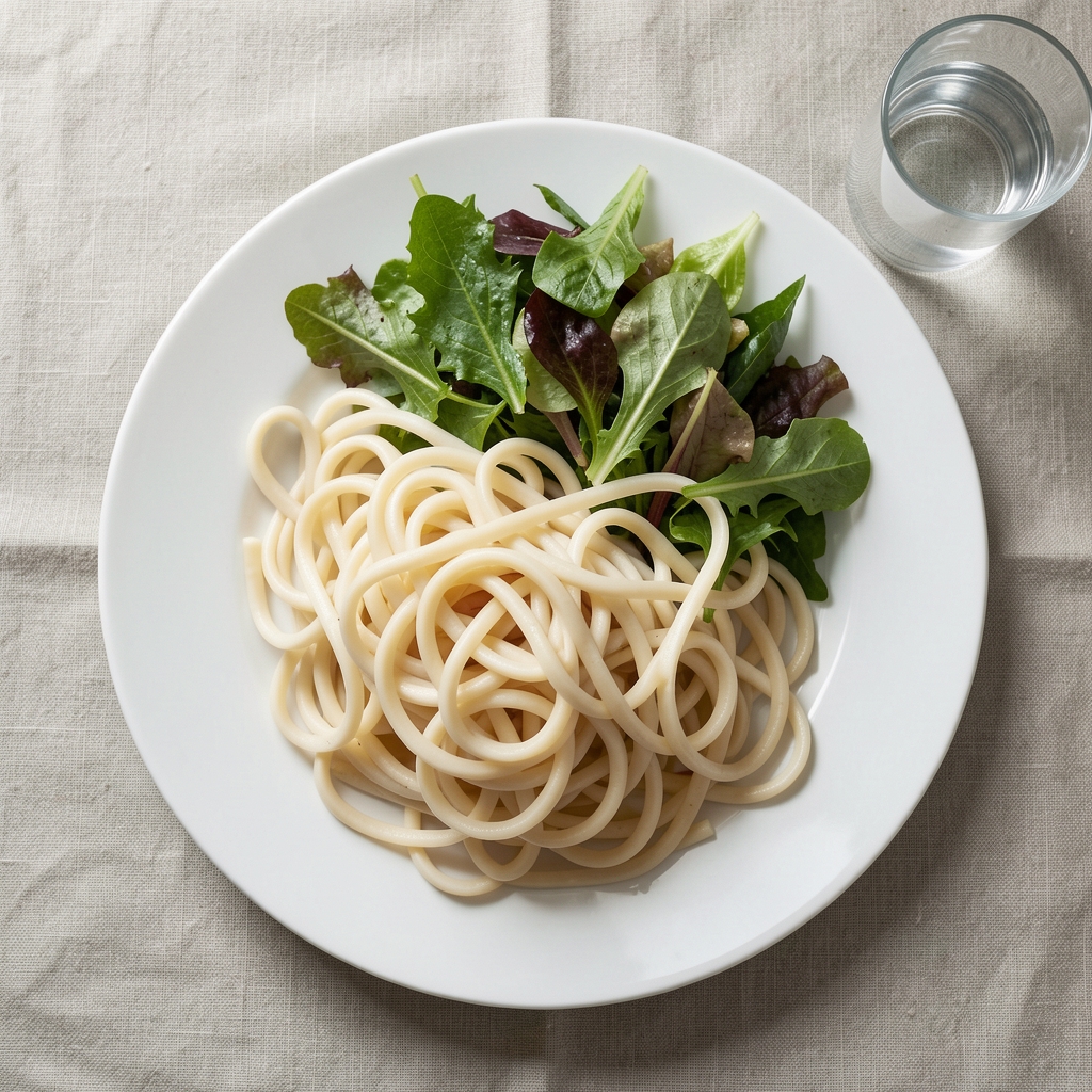 Overhead editorial photograph of a white ceramic plate with a large portion of white pasta, a side of green salad, and a glass of water on a linen tablecloth