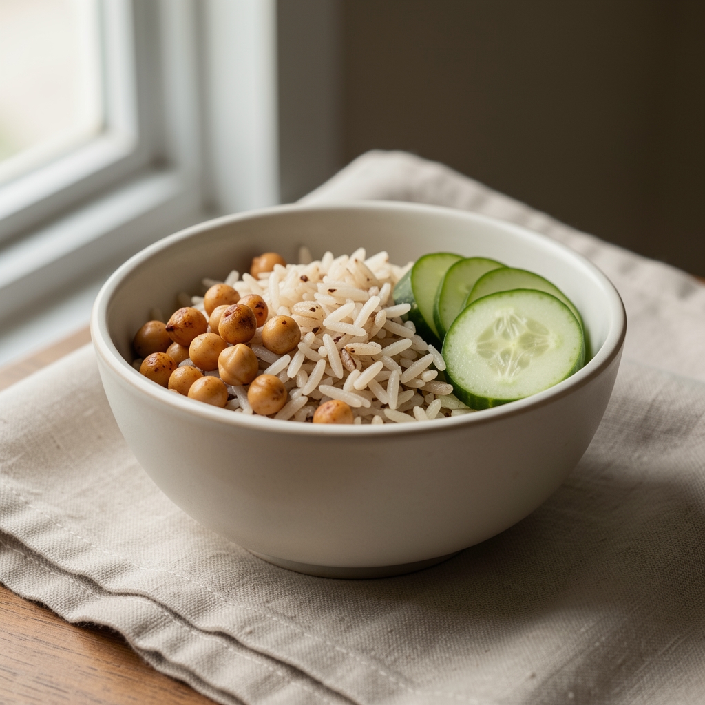 Close-up of a pale ceramic bowl filled with whole grain rice, roasted chickpeas, and sliced cucumber on a linen cloth, soft directional light from a nearby window