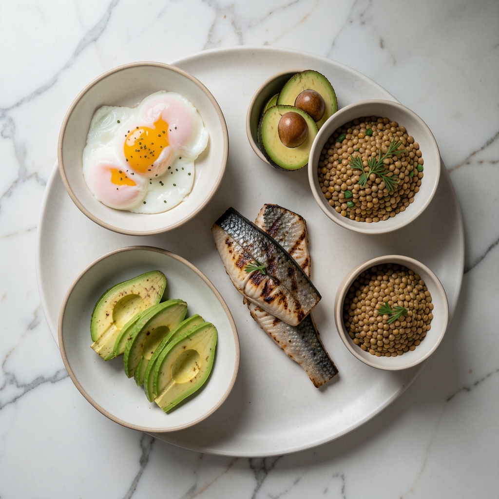 Wide flat-lay editorial photograph showing a varied lunch spread with poached eggs, grilled fish, sliced avocado, and a bowl of lentils on a pale marble surface in natural window light