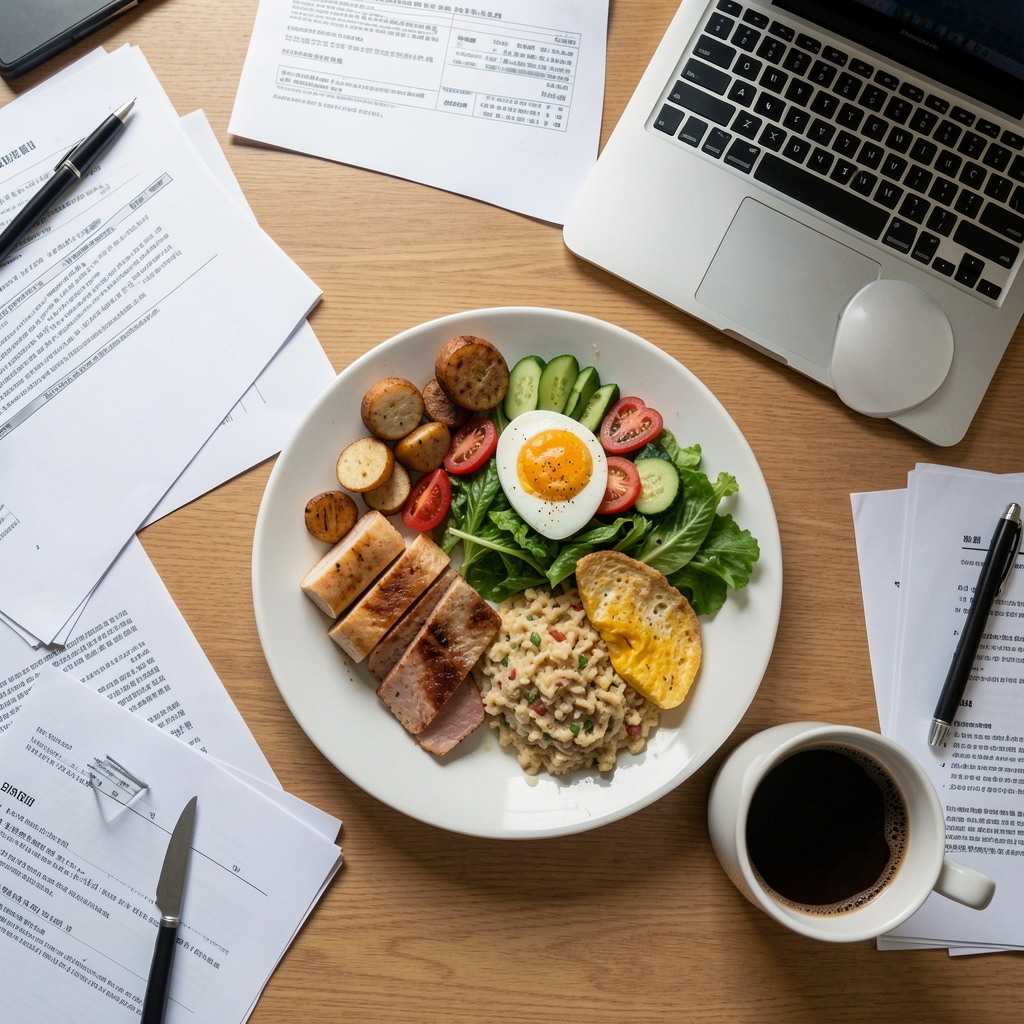 Overhead editorial portion of a half-finished lunch on a desk surrounded by papers, a laptop, and a coffee cup suggesting a meal eaten quickly amid work