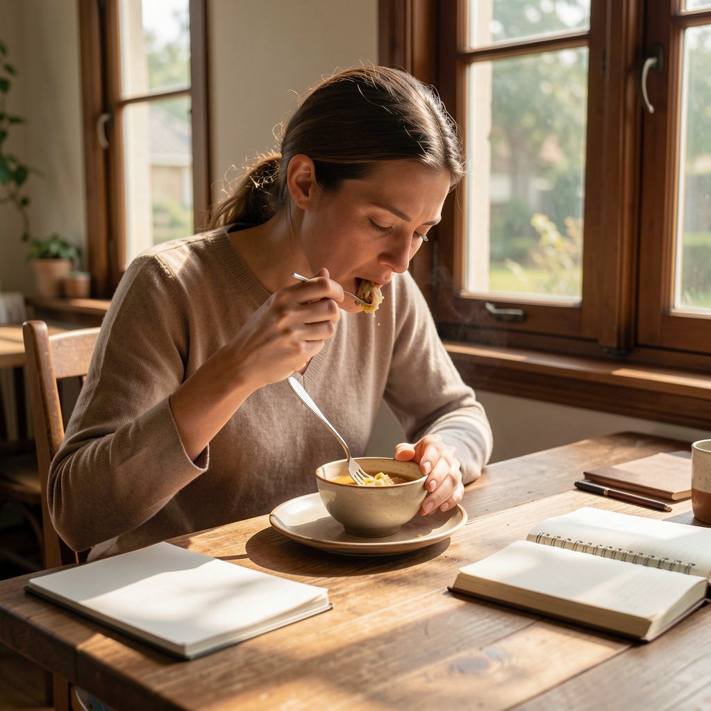 Person sitting at a wooden desk eating a light meal from a small bowl, notebook open beside the plate, dappled afternoon light through a window