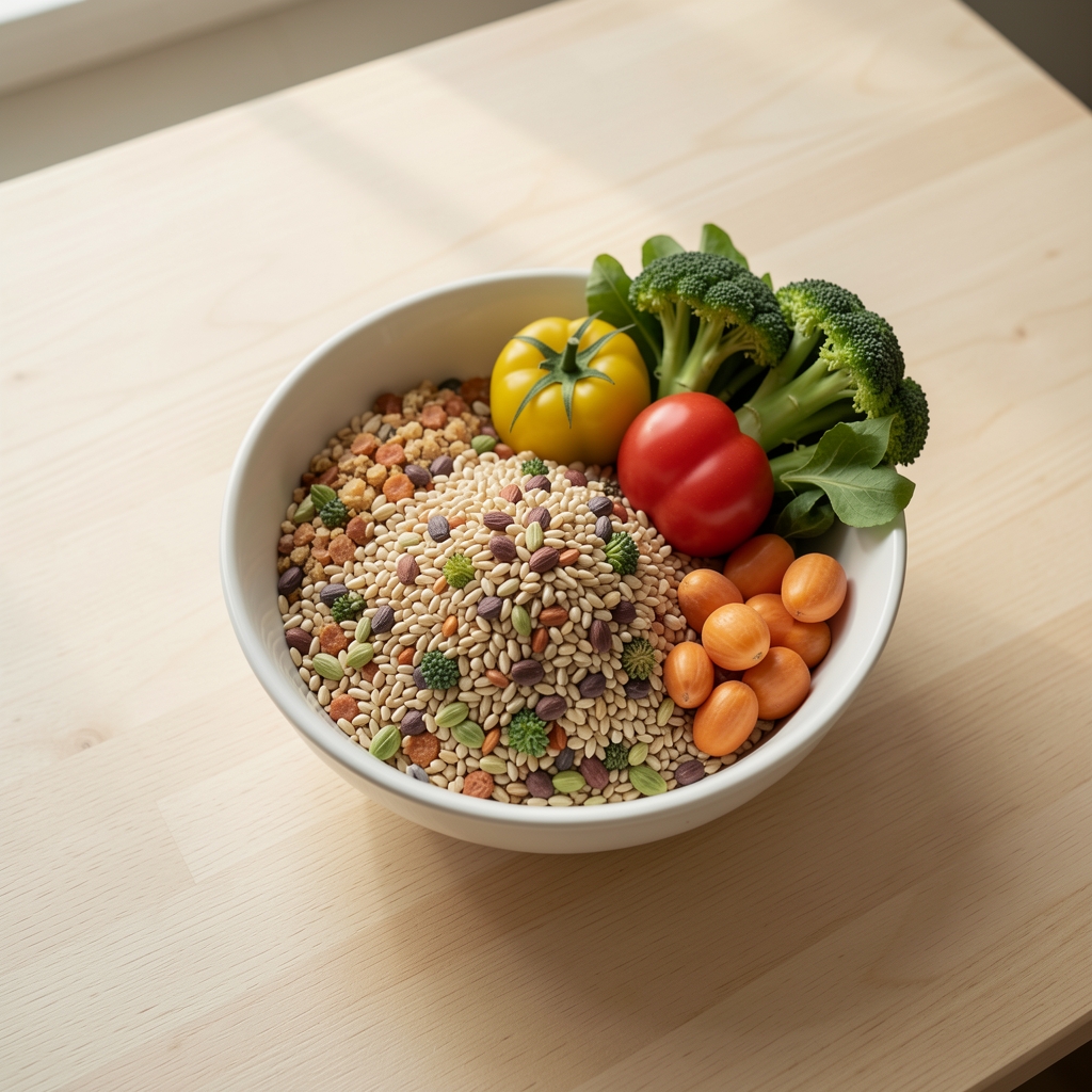 Pale wooden desk with a bowl of seasonal grains and vegetables in soft natural afternoon light, overhead editorial composition