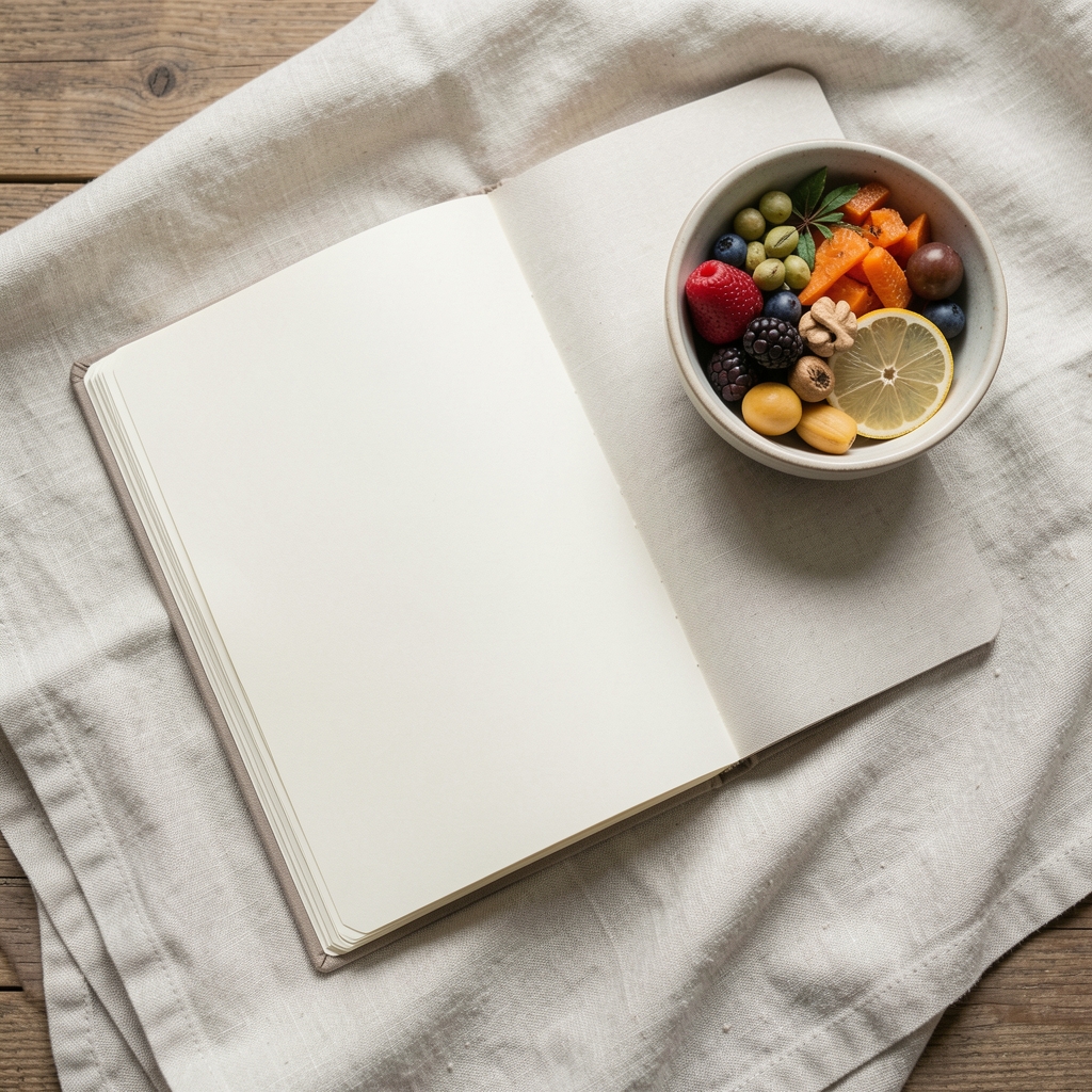Open notebook resting on a pale linen cloth beside a small bowl of seasonal ingredients, editorial overhead composition in soft natural light